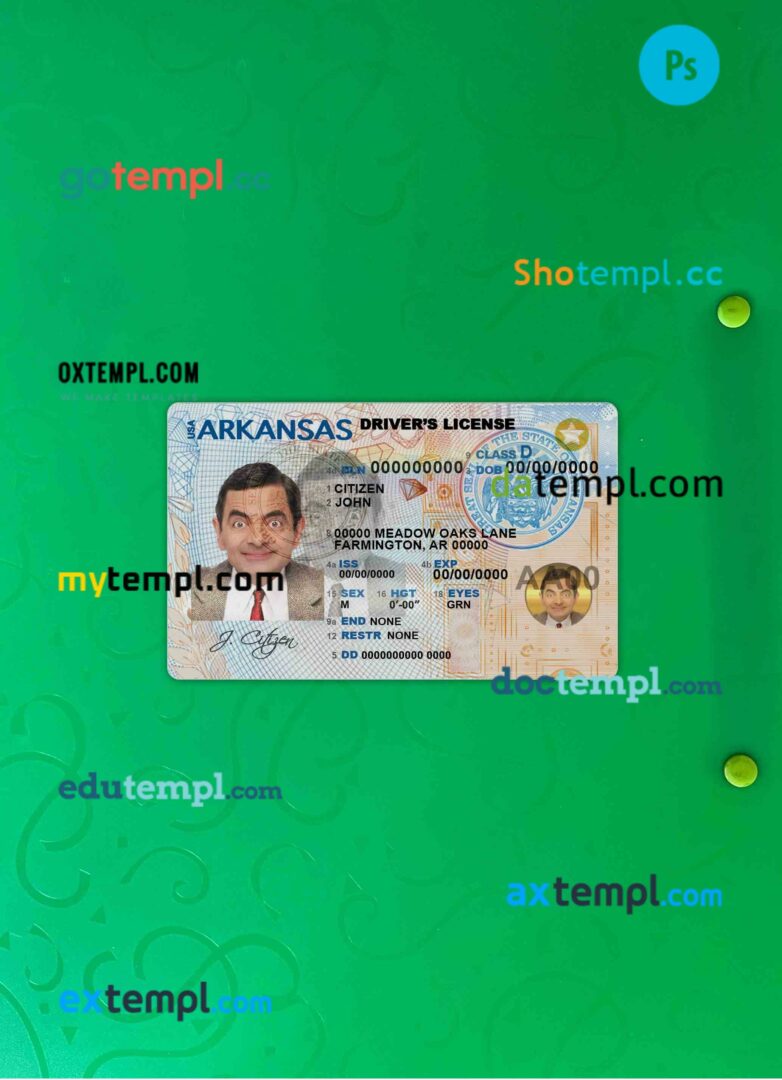 USA Arkansas driving license PSD files, scan look and photographed image, 2 in 1