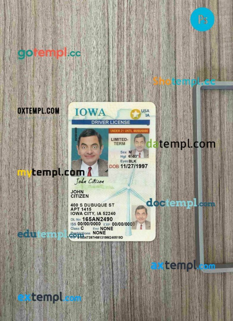 USA Iowa driving license editable PSD files, scan look and photo-realistic look, 2 in 1, under 21