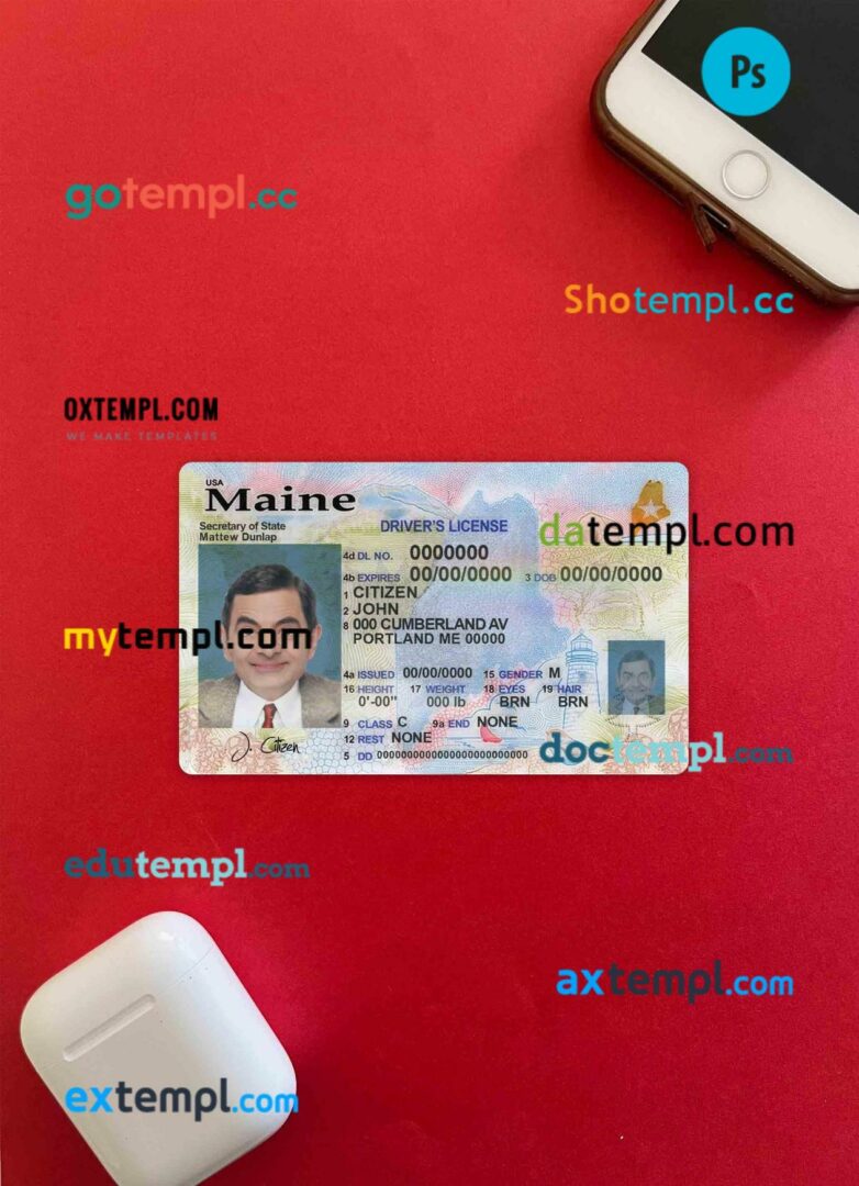 USA Maine state driving license editable PSD files, scan look and photo-realistic look, 2 in 1, with all fonts (2019 – present)