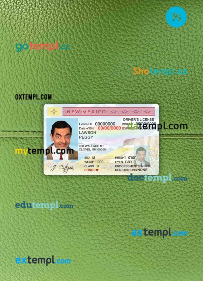 USA State New Mexico driving license editable PSD files, scan look and photo-realistic look, 2 in 1