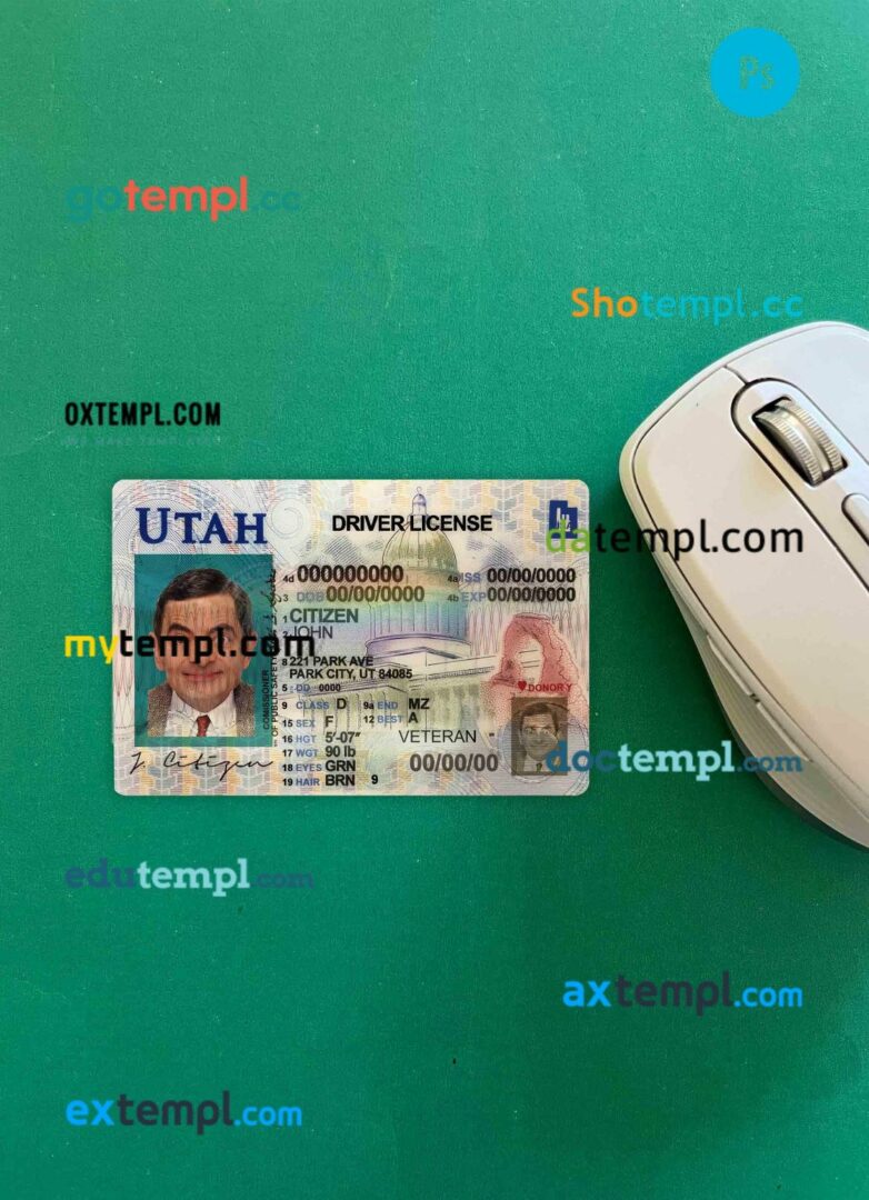 USA Utah driving license editable PSD files, scan look and photo-realistic look, 2 in 1