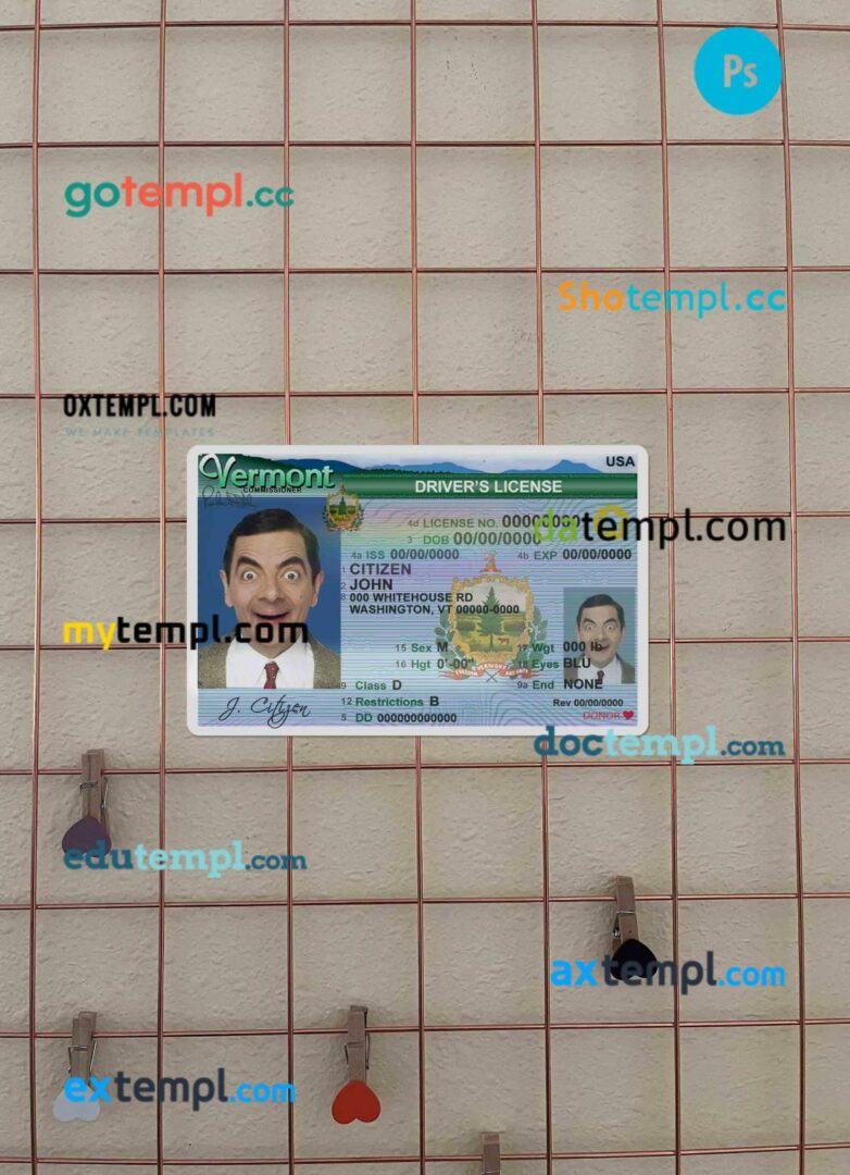 USA Vermont driving license editable PSD files, scan look and photo-realistic look, 2 in 1 (2004-2019)