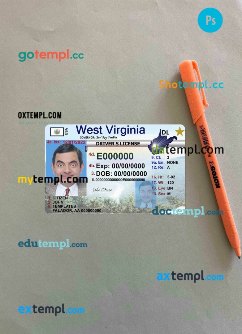 USA West Virginia driving license editable PSD files, scan look and photo-realistic look, 2 in 1