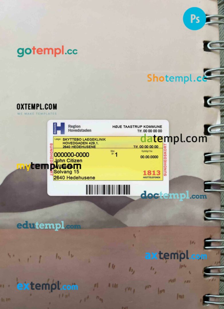 Denmark health insurance card editable PSD files, scan look and photo-realistic look, 2 in 1 Denmark health insurance card editable PSD files, scan look and photo-realistic look, 2 in 1