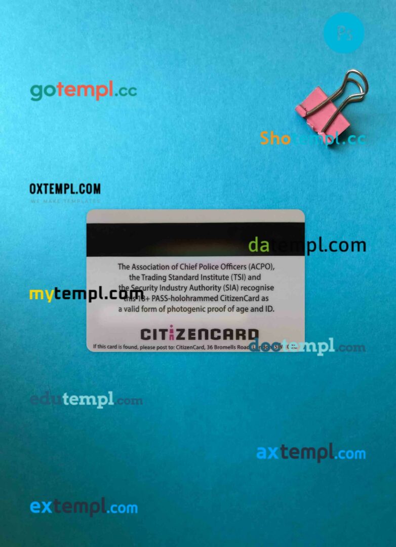 United Kingdom Pass CitizenCard (proof of age card) PSD files, scan look and photographed image, 2 in 1 United Kingdom Pass CitizenCard (proof of age card) PSD files, scan look and photographed image, 2 in 1 - Image 2