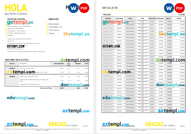 Spain Masmovil internet utility bill Word and PDF formats, 6 pages