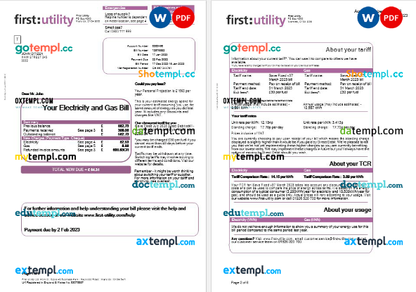 United Kingdom First gas and electricity utility bill in Word and PDF formats, 6 pages