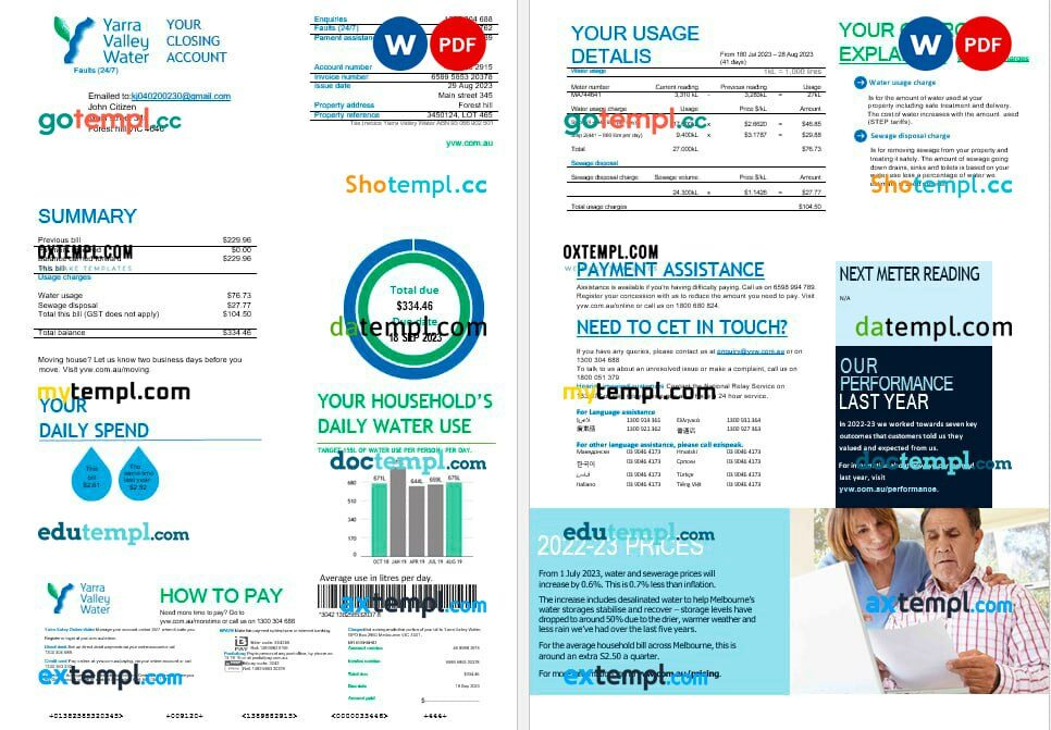 Melbourne Yarra Valley Water water utility bill Word and PDF formats, 2 pages