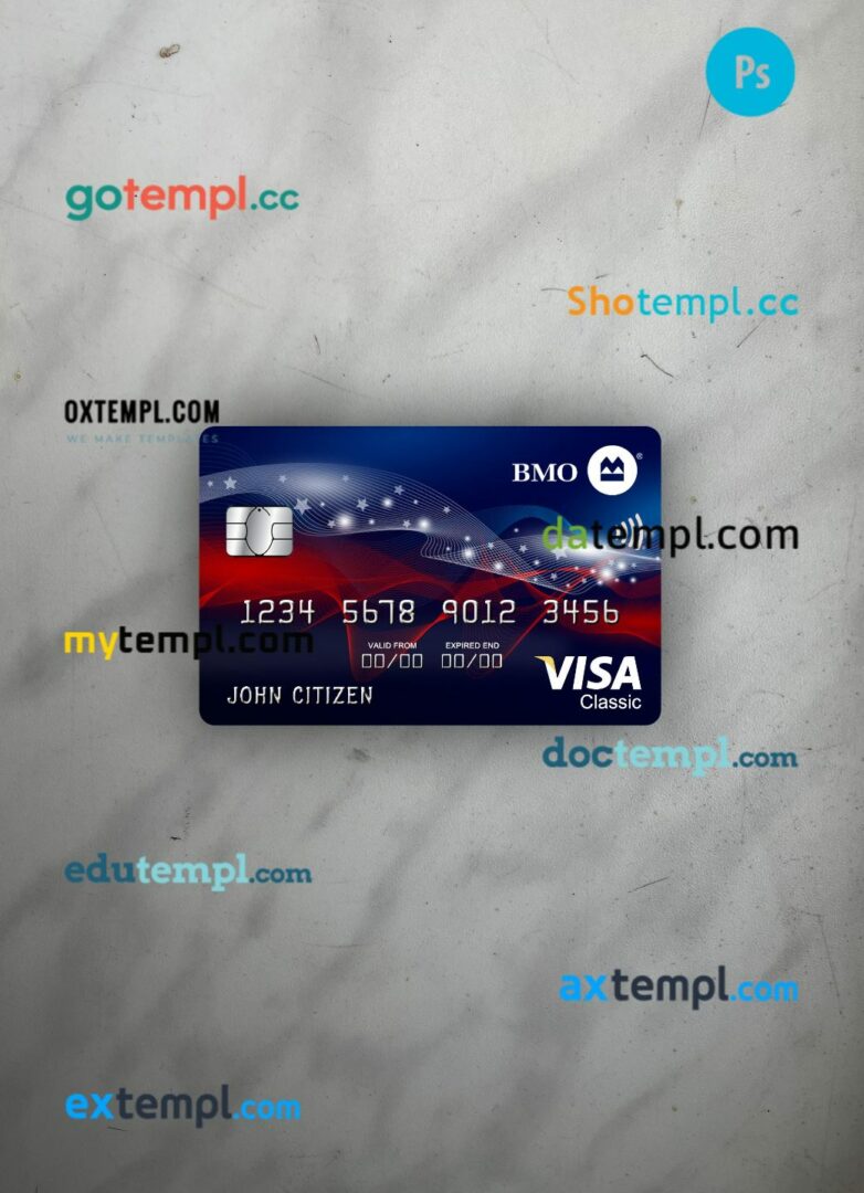 USA BMO Bank of Montreal bank visa classic card PSD scan and photo-realistic snapshot, 2 in 1 USA BMO Bank of Montreal bank visa classic card PSD scan and photo-realistic snapshot, 2 in 1