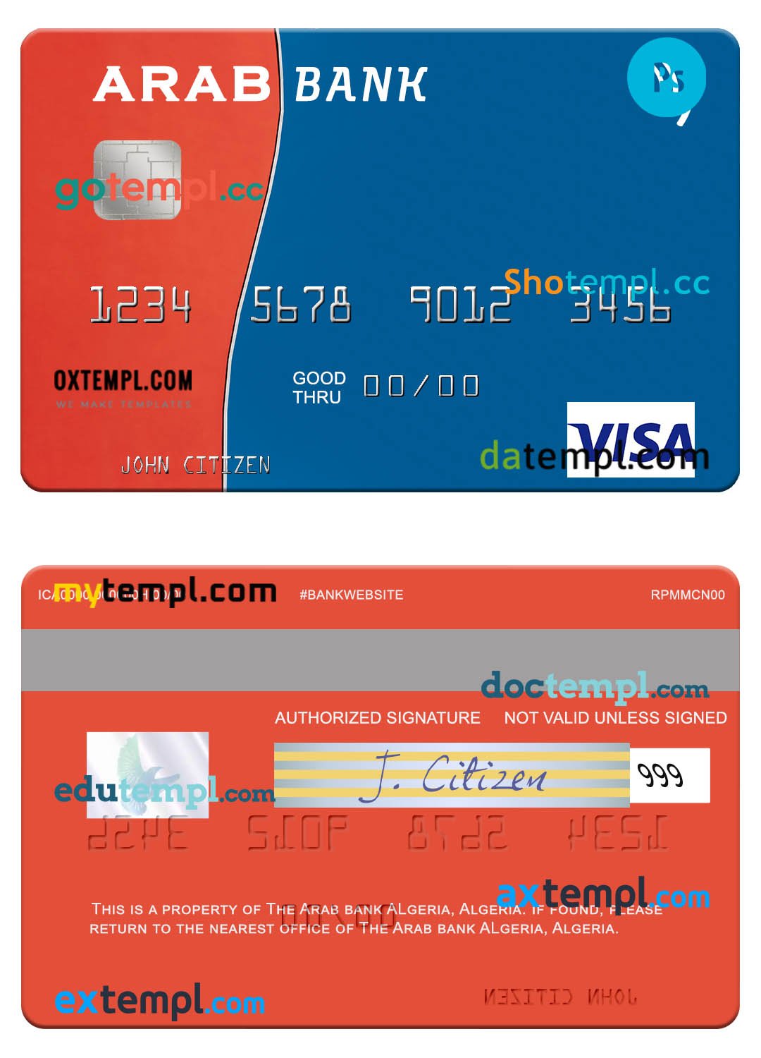 Algeria Arab Bank Algeria visa card template in PSD format