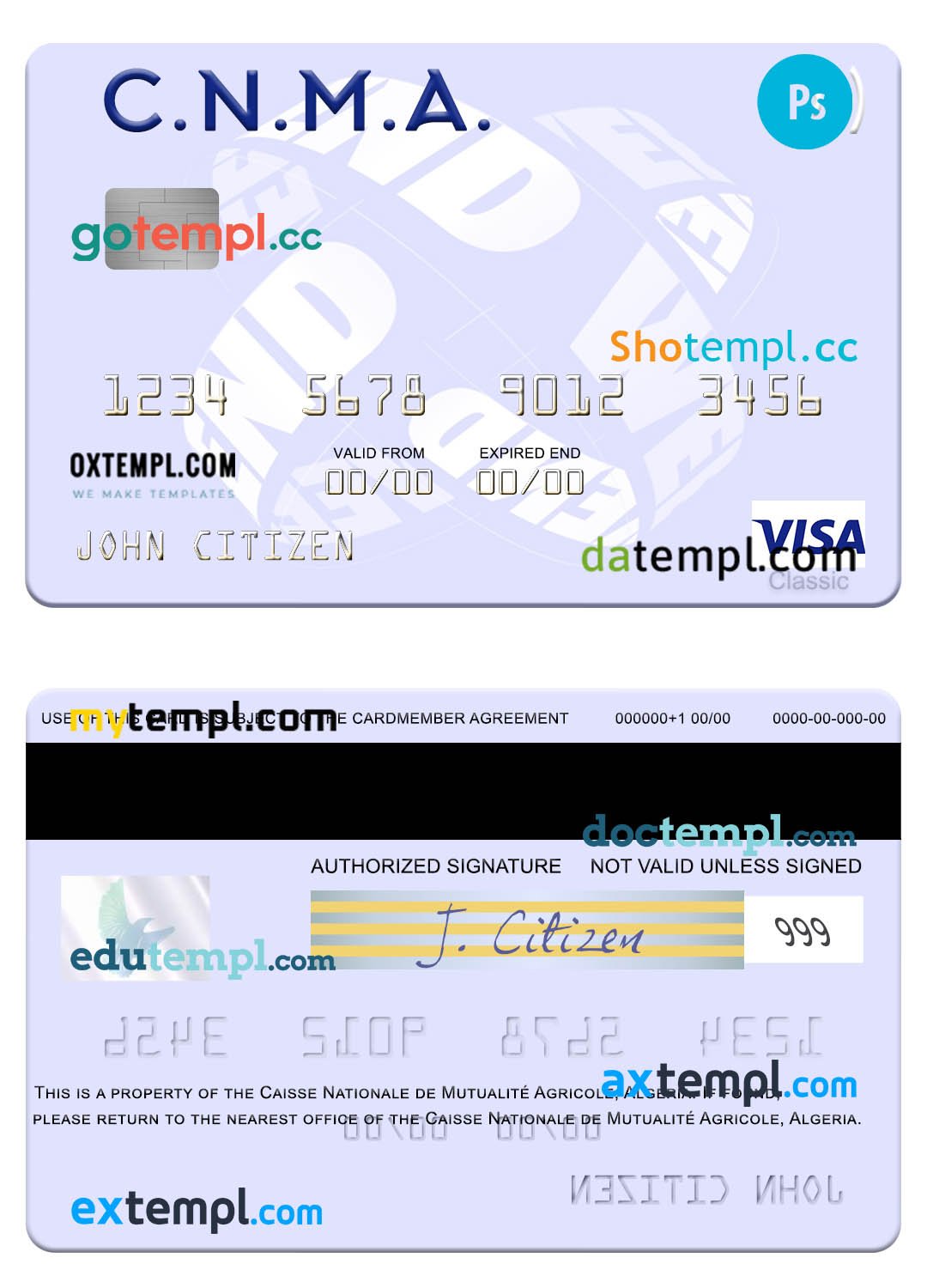 Algeria Caisse Nationale de Mutualité Agricole visa card template in PSD format