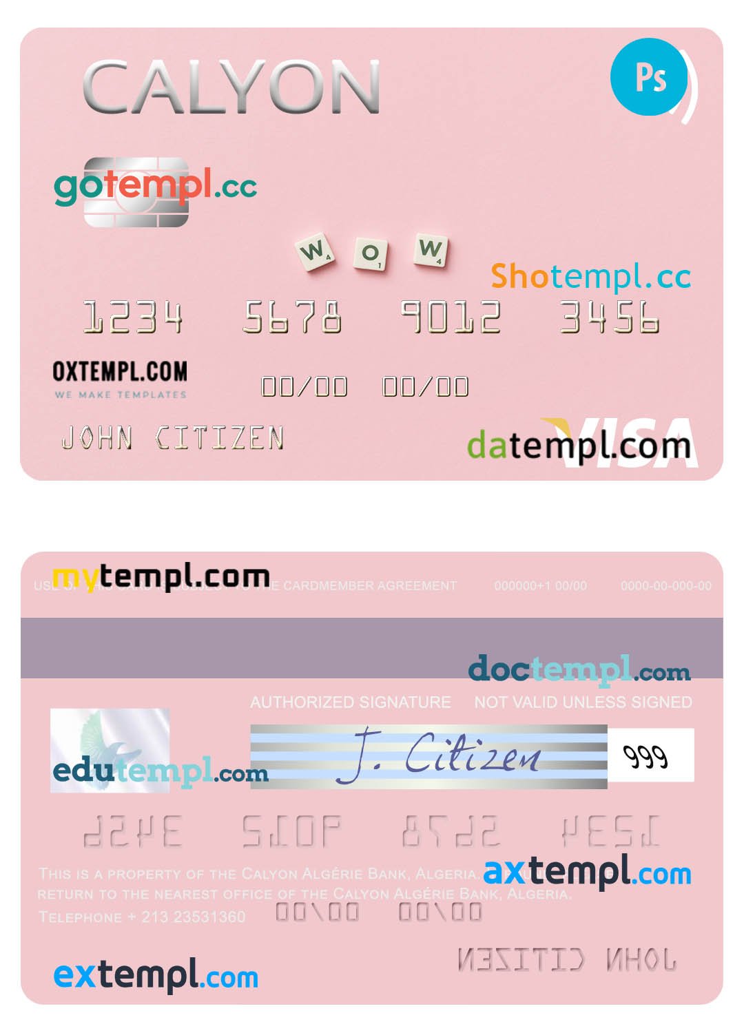 Algeria Calyon Algérie Bank visa card template in PSD format
