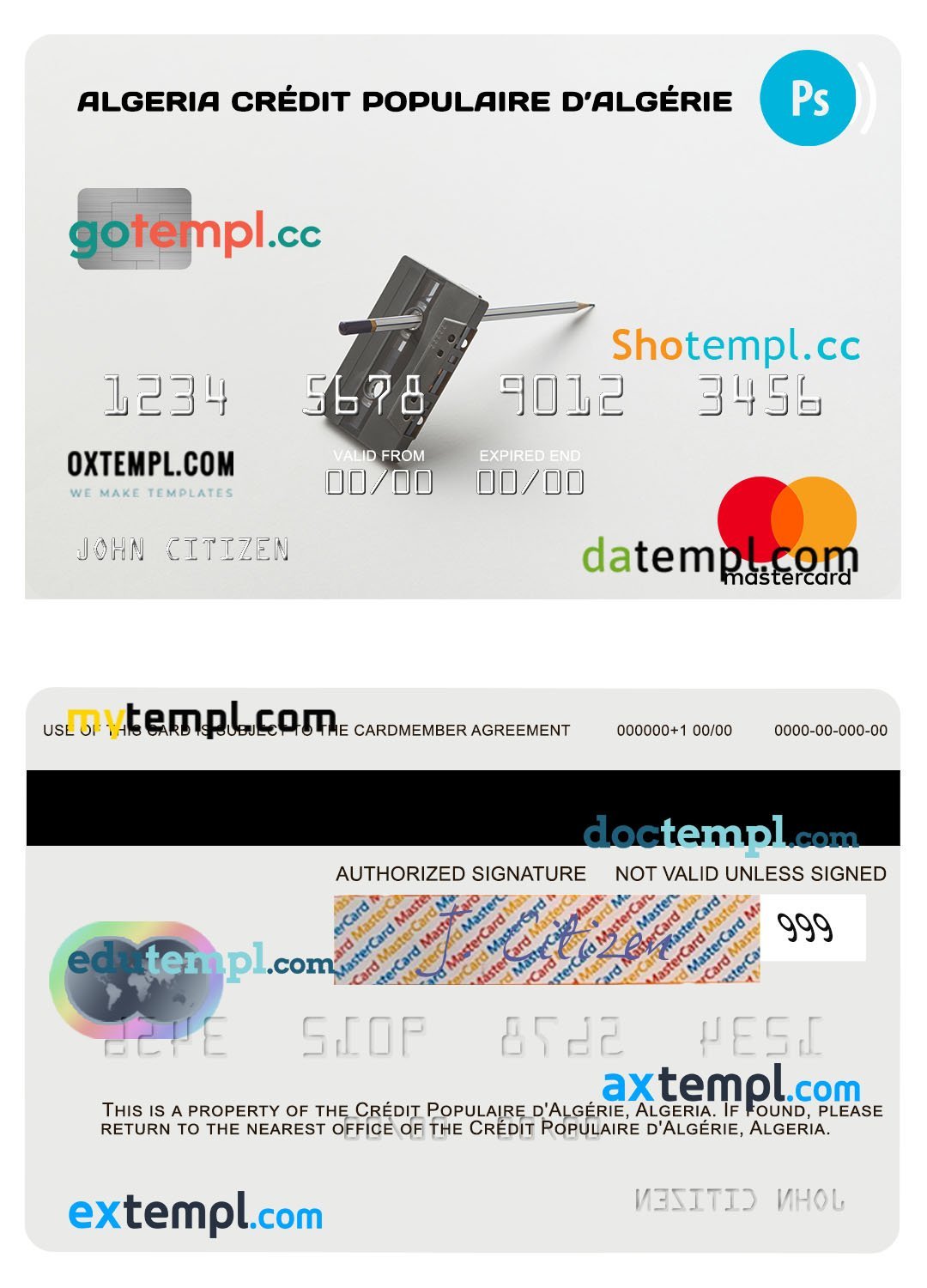Algeria Crédit Populaire d’Algérie mastercard template in PSD format