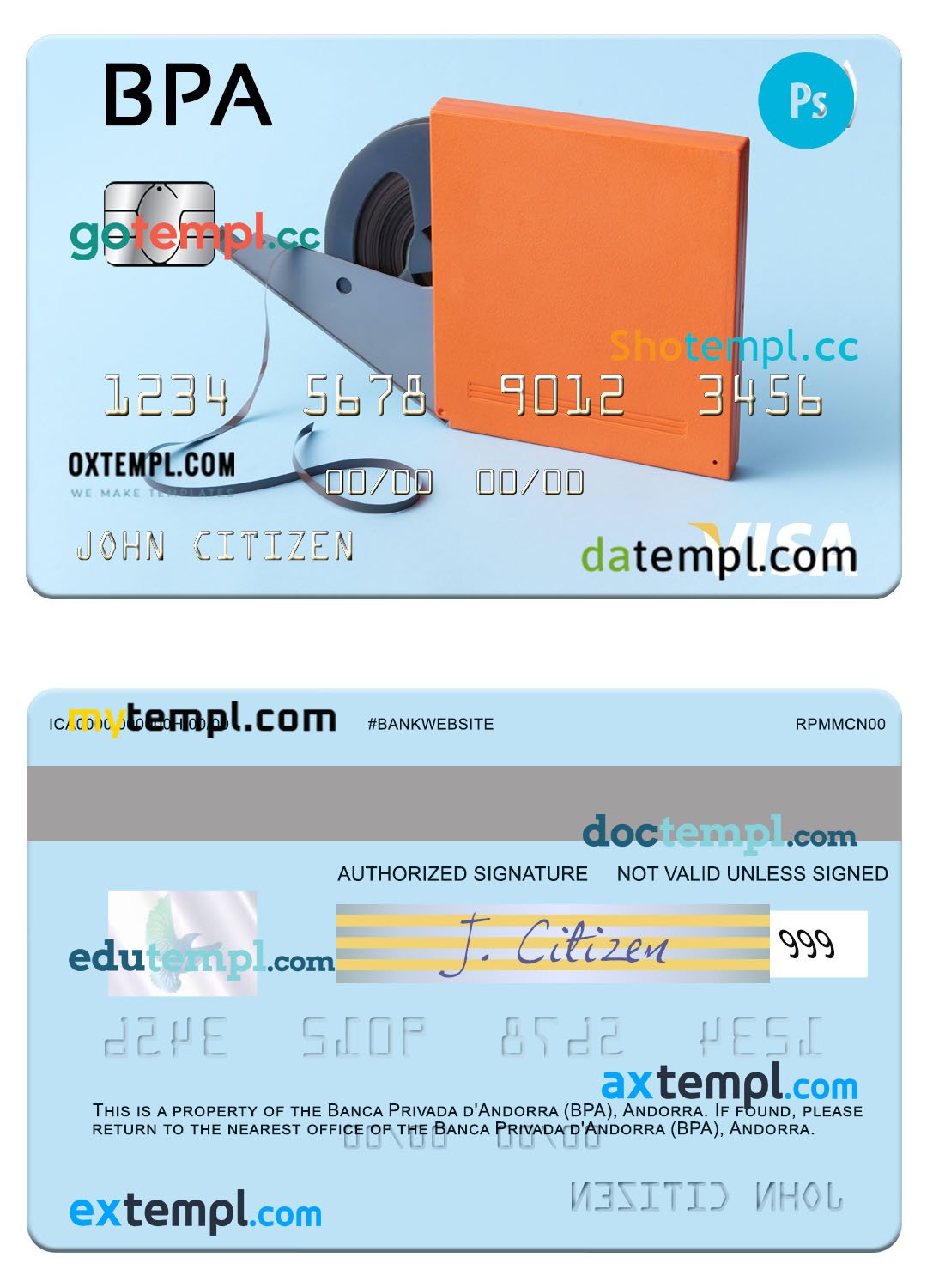 Andorra Banca Privada d'Andorra (BPA) visa card template in PSD format