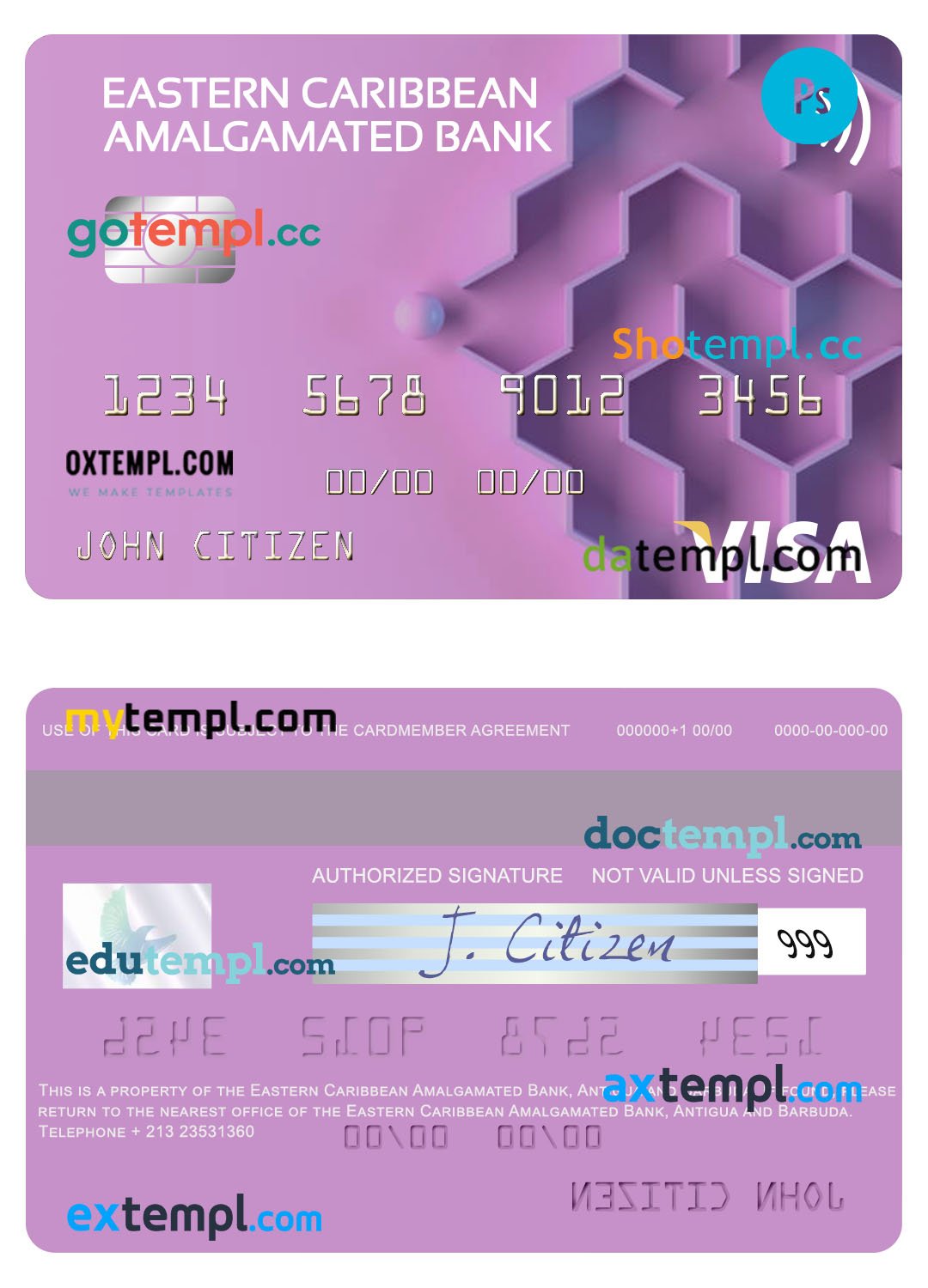 Antigua and Barbuda Eastern Caribbean Amalgamated Bank visa card template in PSD format Antigua and Barbuda Eastern Caribbean Amalgamated Bank visa card template in PSD format