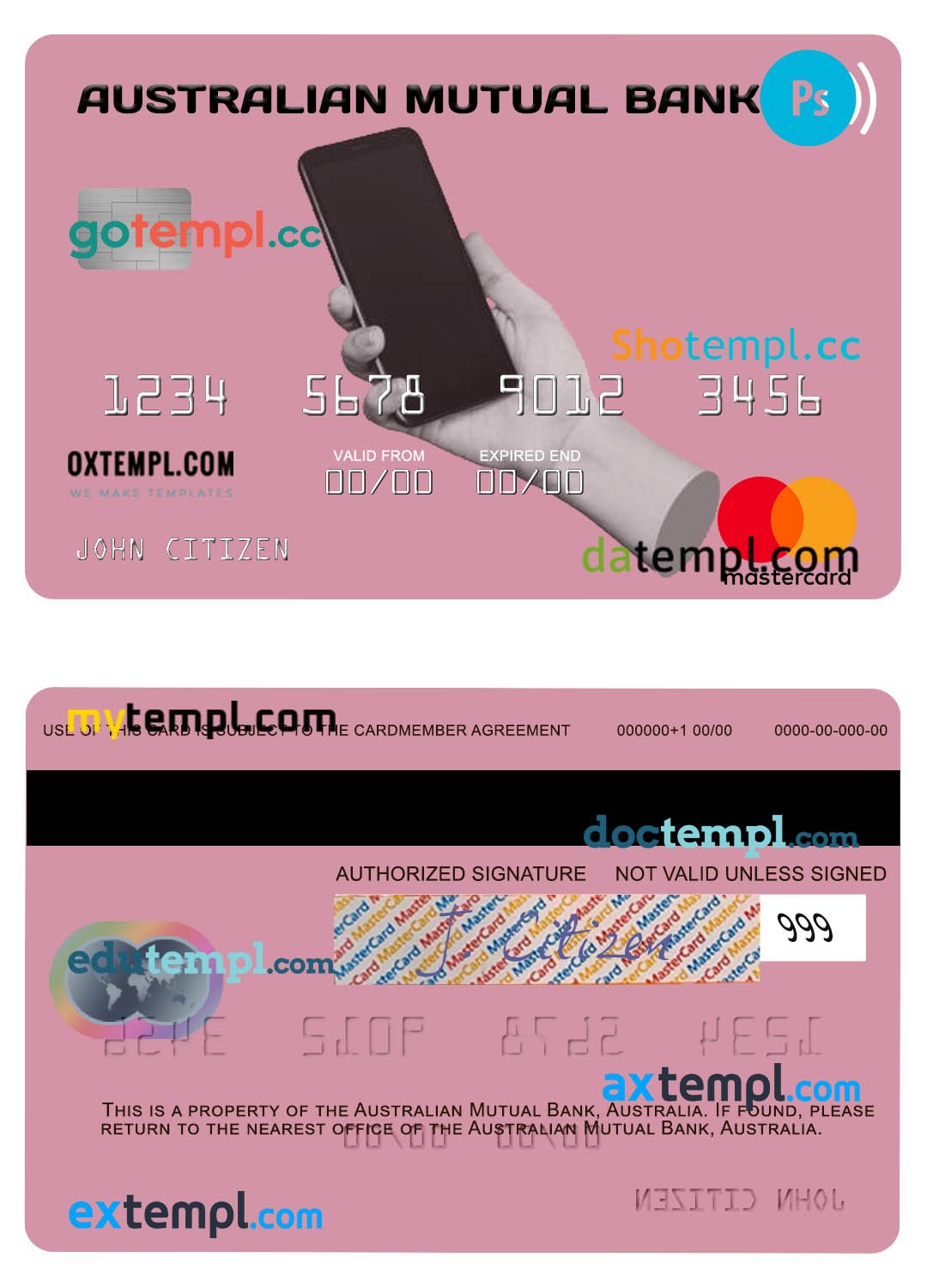 Australia Australian Mutual Bank mastercard template in PSD format