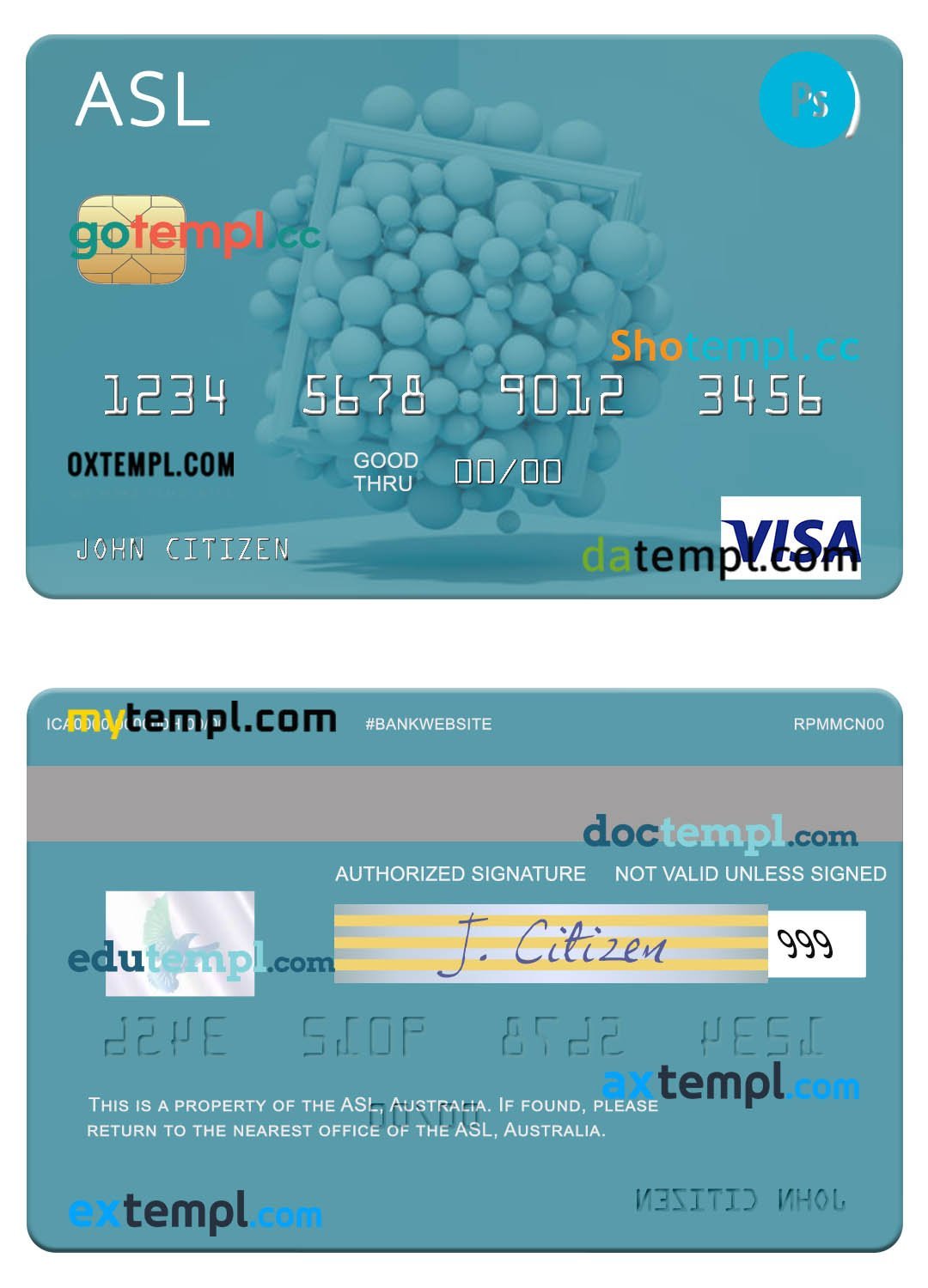 Australia Australian Settlements Limited (ASL) visa card template in PSD format