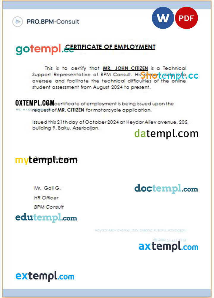 Azerbaijan BPM Consult certificate of employment Word and PDF download template Azerbaijan BPM Consult certificate of employment Word and PDF download template