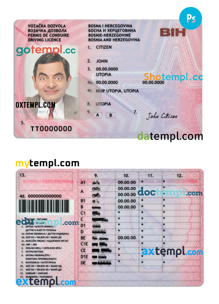 Bosnia and Herzegovina driving license PSD template, version 2 Bosnia and Herzegovina driving license PSD template, version 2