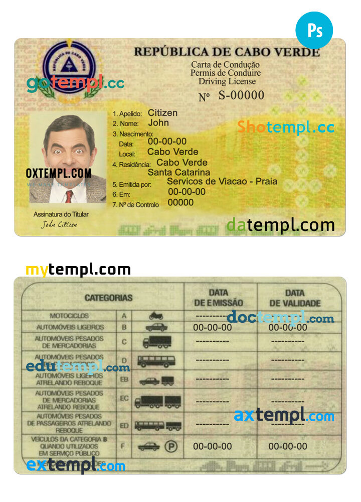 Cabo Verde driving license PSD template Cabo Verde driving license PSD template