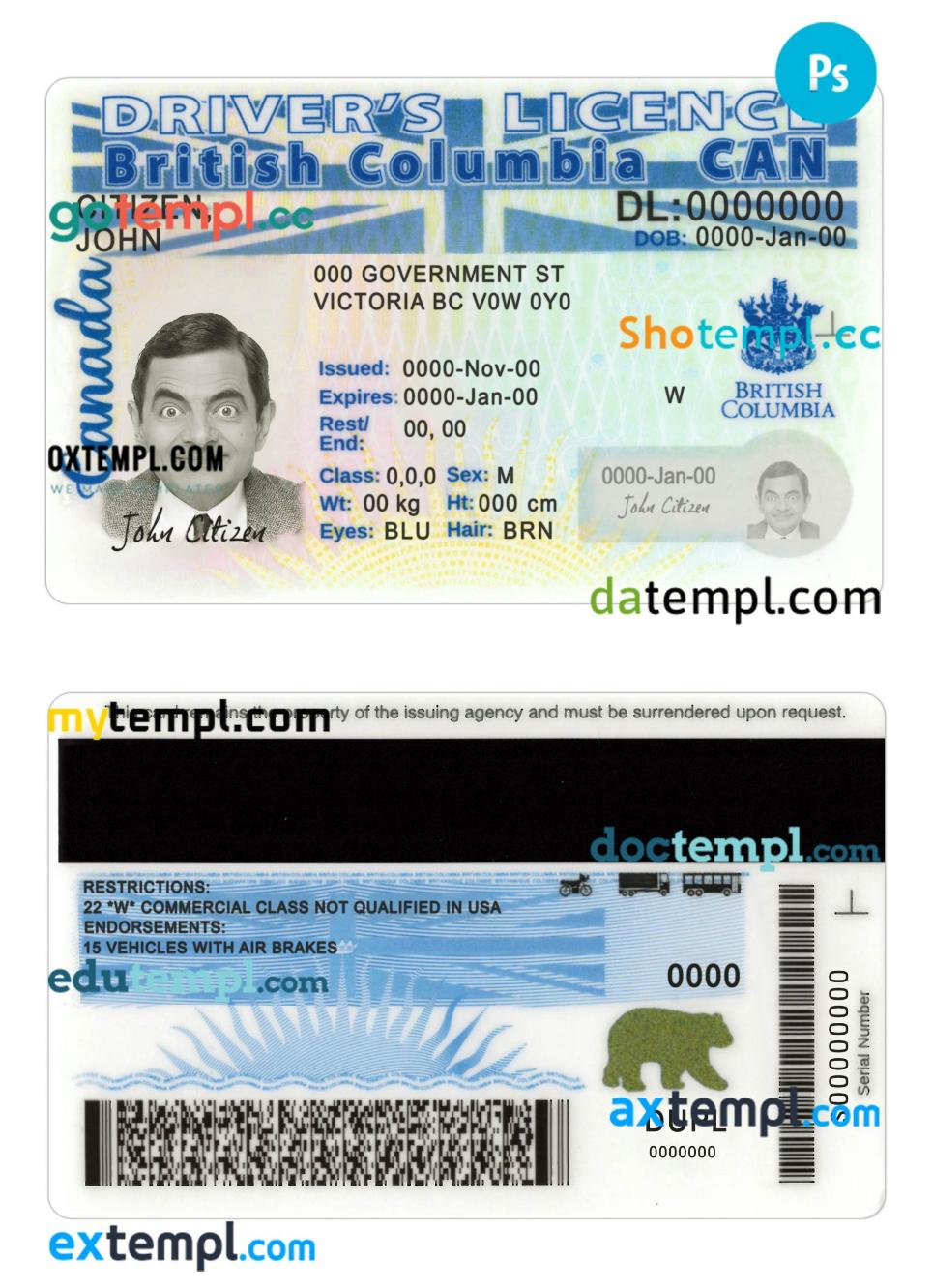 Canada British Columbia driving license PSD template, 2022-present Canada British Columbia driving license PSD template, 2022-present