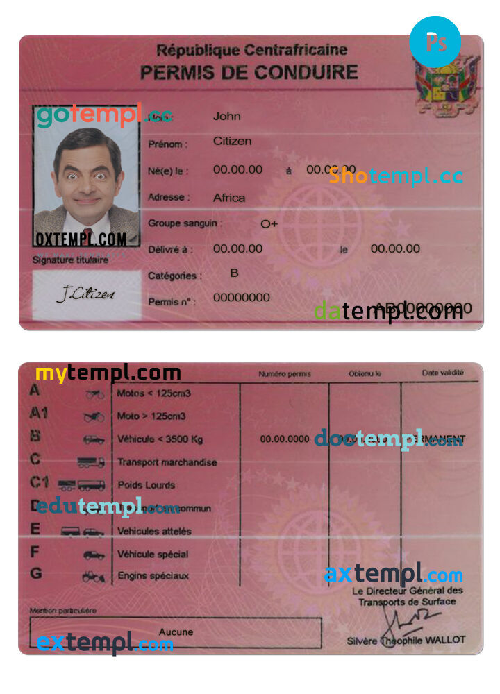 Central African driving license PSD template, completely editable Central African driving license PSD template, completely editable
