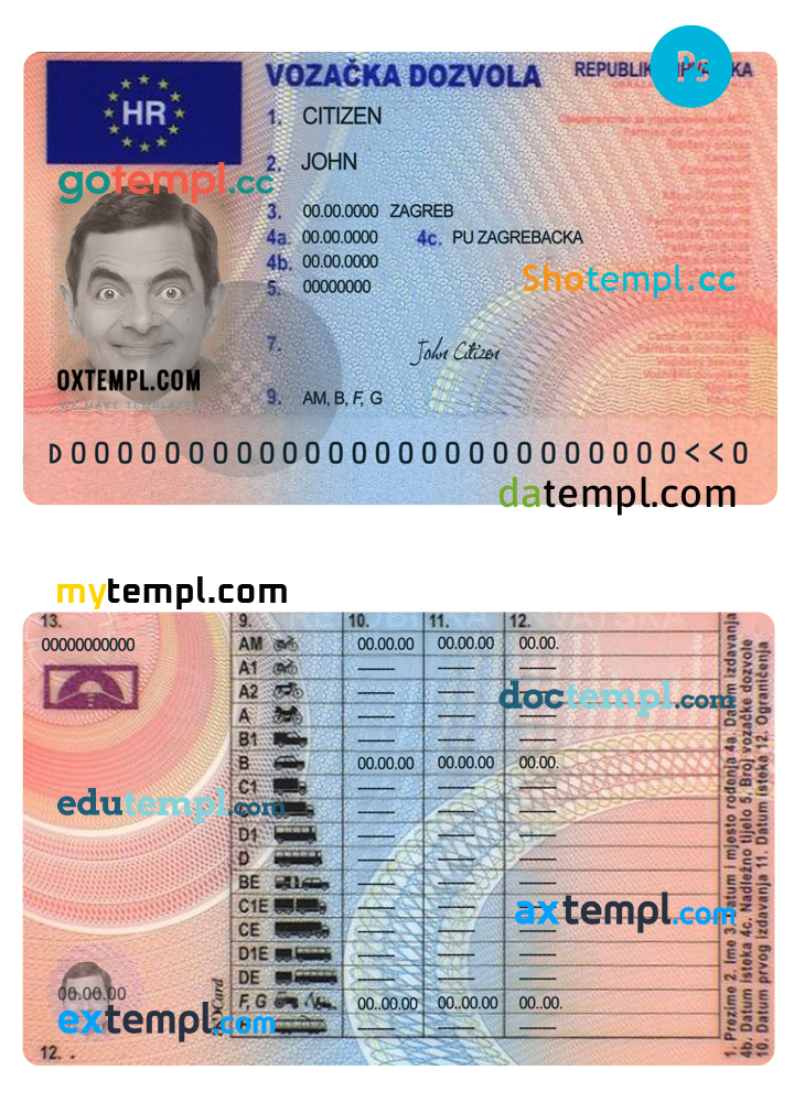 Croatia driving license PSD template, version 2 Croatia driving license PSD template, version 2