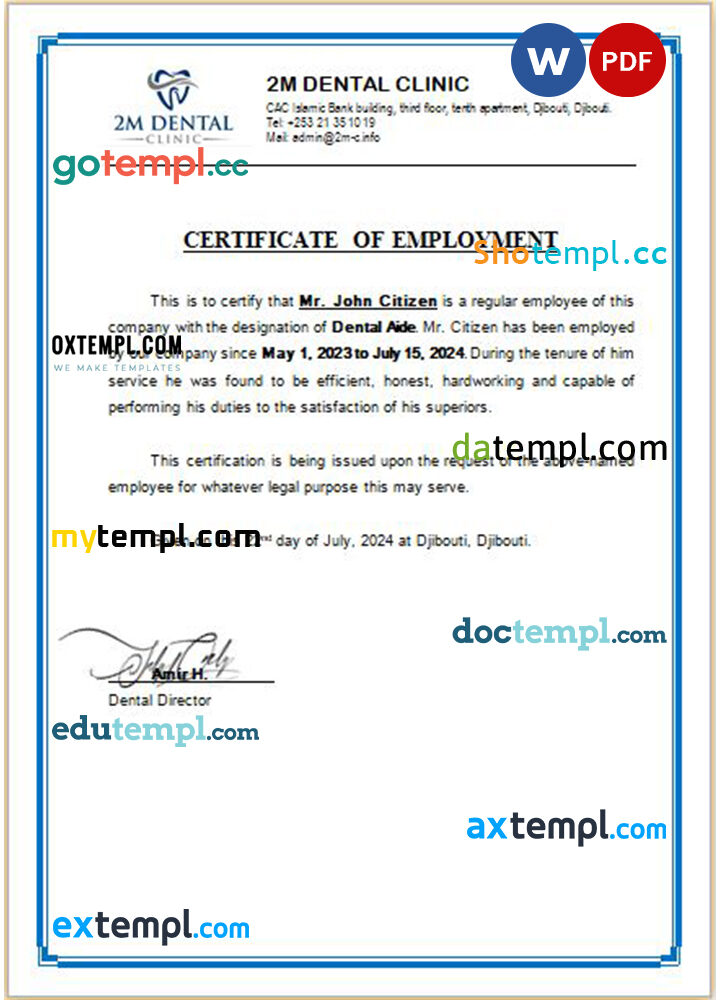 Djibouti 2M Dental Clinic certificate of employment Word and PDF download template Djibouti 2M Dental Clinic certificate of employment Word and PDF download template