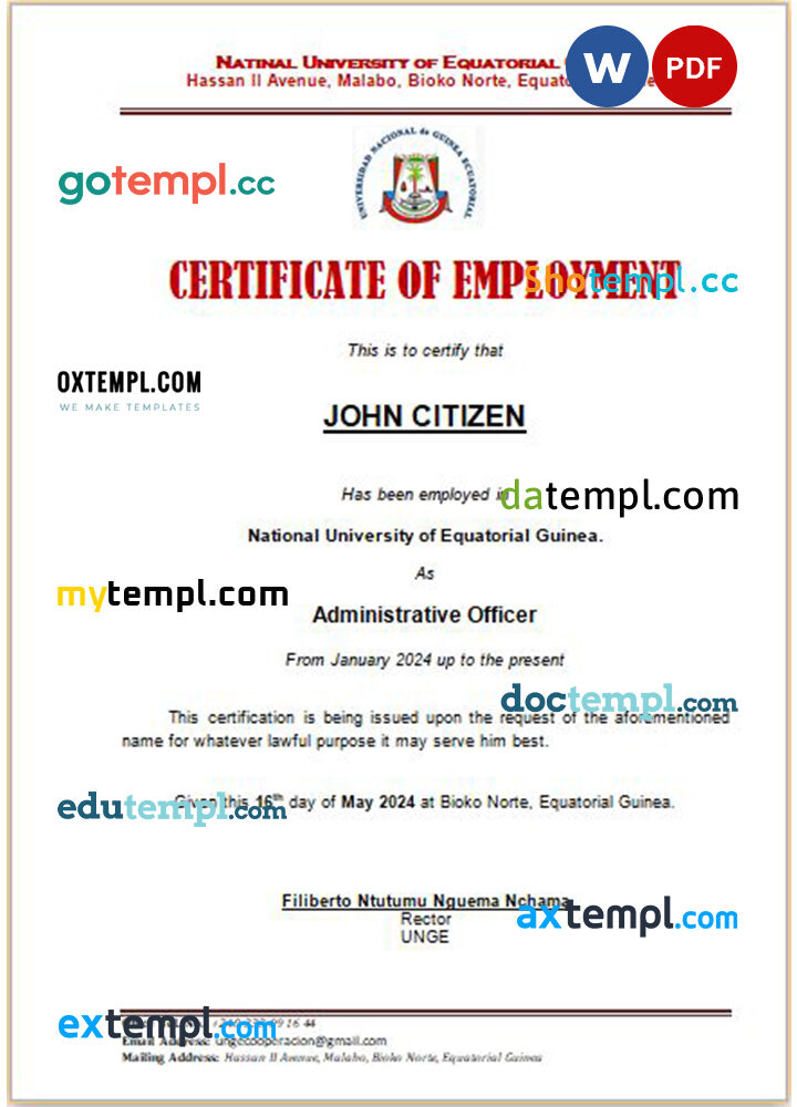 Equatorial Guinea National University certificate of employment Word and PDF download template Equatorial Guinea National University certificate of employment Word and PDF download template