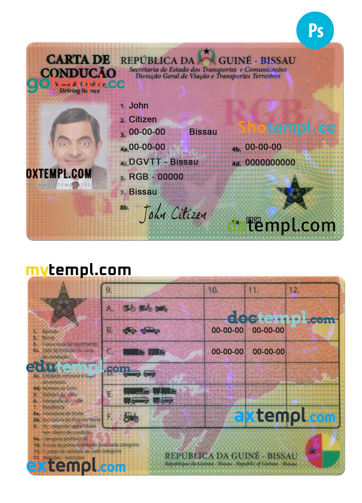 Guinea-Bissau driving license PSD template, completely editable Guinea-Bissau driving license PSD template, completely editable
