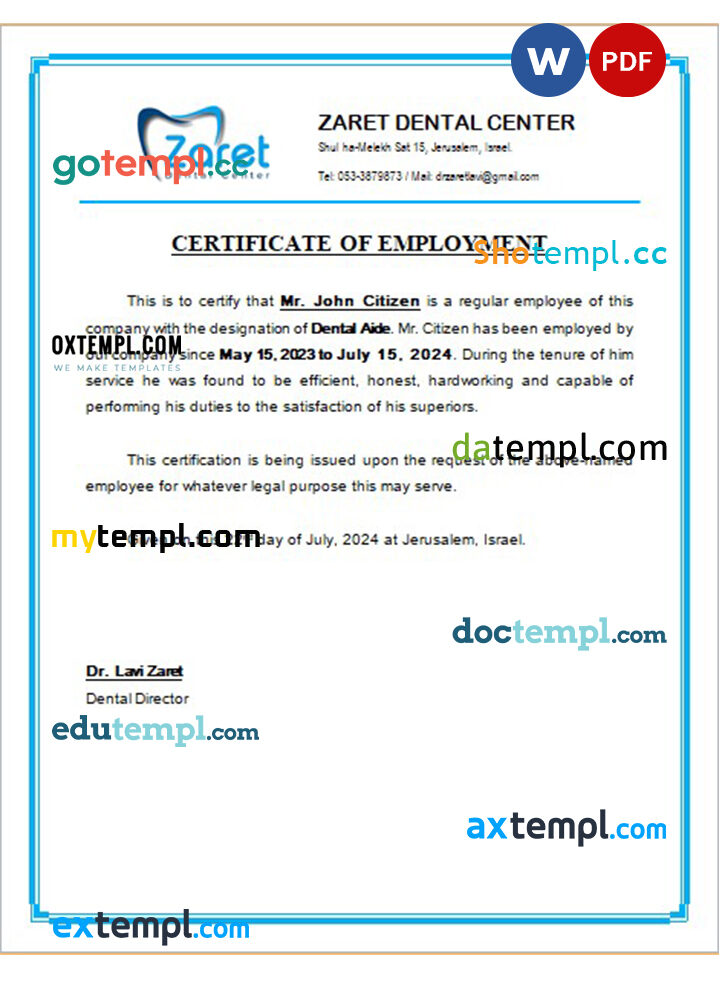 Israel Zaret Dental Center certificate of employment Word and PDF download template Israel Zaret Dental Center certificate of employment Word and PDF download template