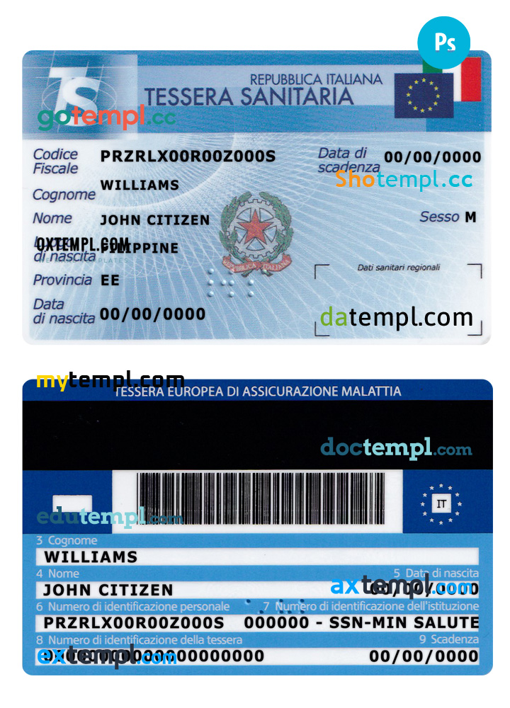 Italy Tessera Sanitaria (health insurance card) PSD template Italy Tessera Sanitaria (health insurance card) PSD template
