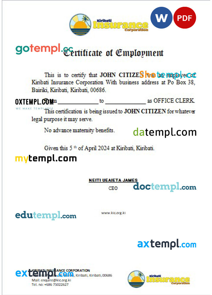 Kiribati Insurance Corporation certificate of employment Word and PDF download template Kiribati Insurance Corporation certificate of employment Word and PDF download template