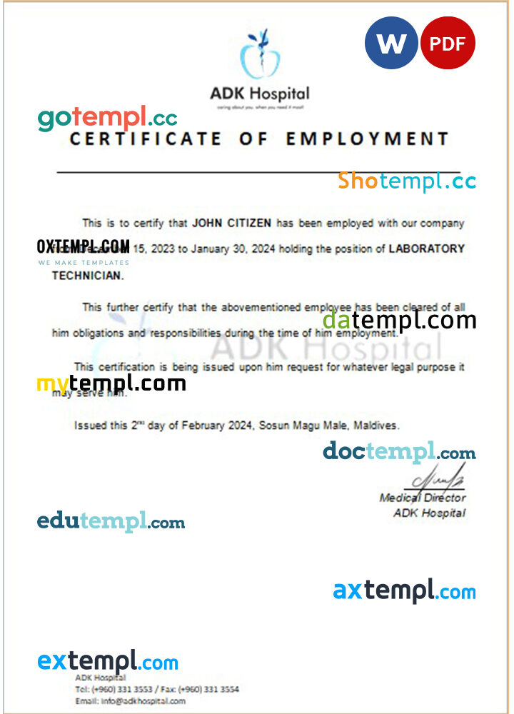 Maldives ADK Hospital certificate of employment Word and PDF download template Maldives ADK Hospital certificate of employment Word and PDF download template