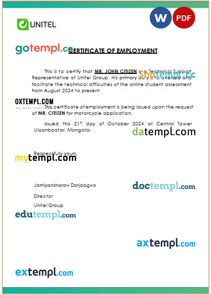 Mongolia Unitel Group certificate of employment Word and PDF download template Mongolia Unitel Group certificate of employment Word and PDF download template