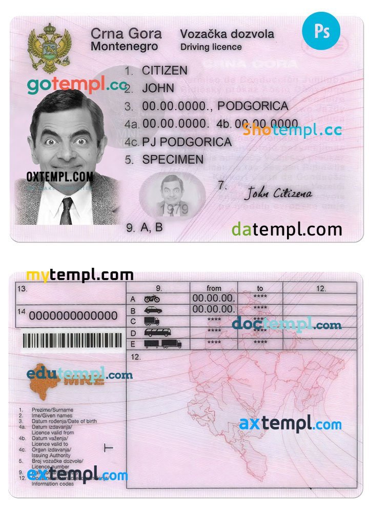 Montenegro driving license template in PSD format, with fonts Montenegro driving license template in PSD format, with fonts