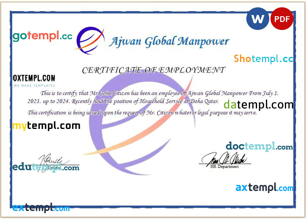 Qatar Ajwan Global Manpower certificate of employment Word and PDF download template Qatar Ajwan Global Manpower certificate of employment Word and PDF download template