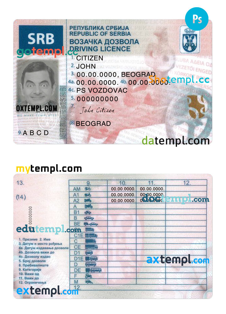 Serbia driving license PSD template, completely editable Serbia driving license PSD template, completely editable
