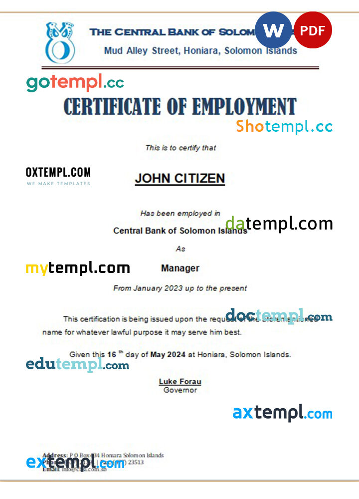 Solomon Islands Central Bank certificate of employment Word and PDF download template Solomon Islands Central Bank certificate of employment Word and PDF download template