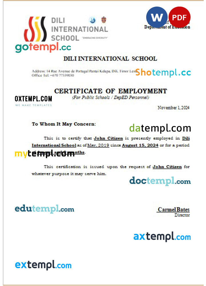 Timor-Leste Dili International School certificate of employment Word and PDF download template Timor-Leste Dili International School certificate of employment Word and PDF download template