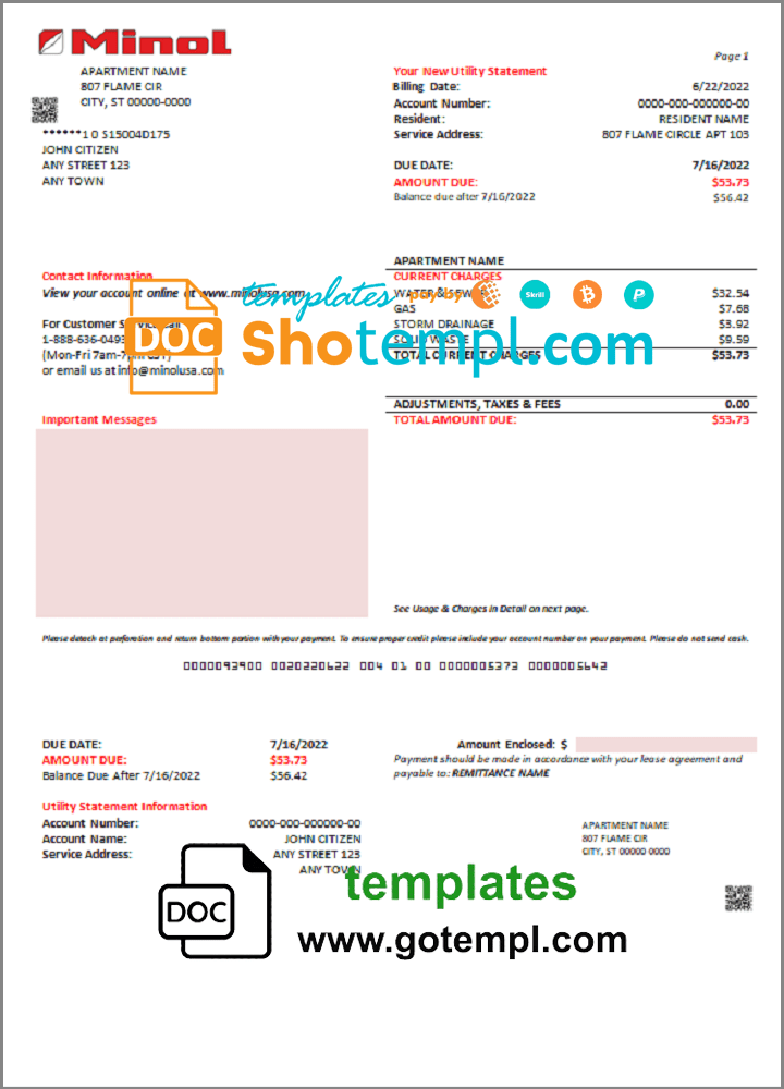 USA Texas Minol utility bill template in Word and PDF format USA Texas Minol utility bill template in Word and PDF format
