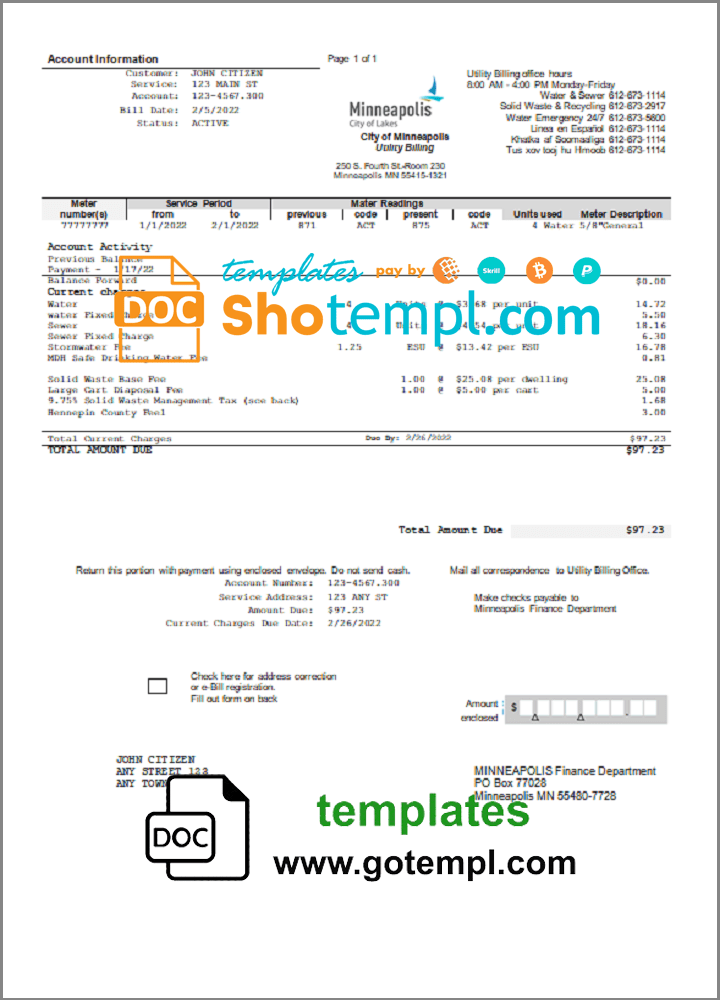 USA Minnesota Minneapolis City of Lakes utility bill template in Word and PDF format USA Minnesota Minneapolis City of Lakes utility bill template in Word and PDF format