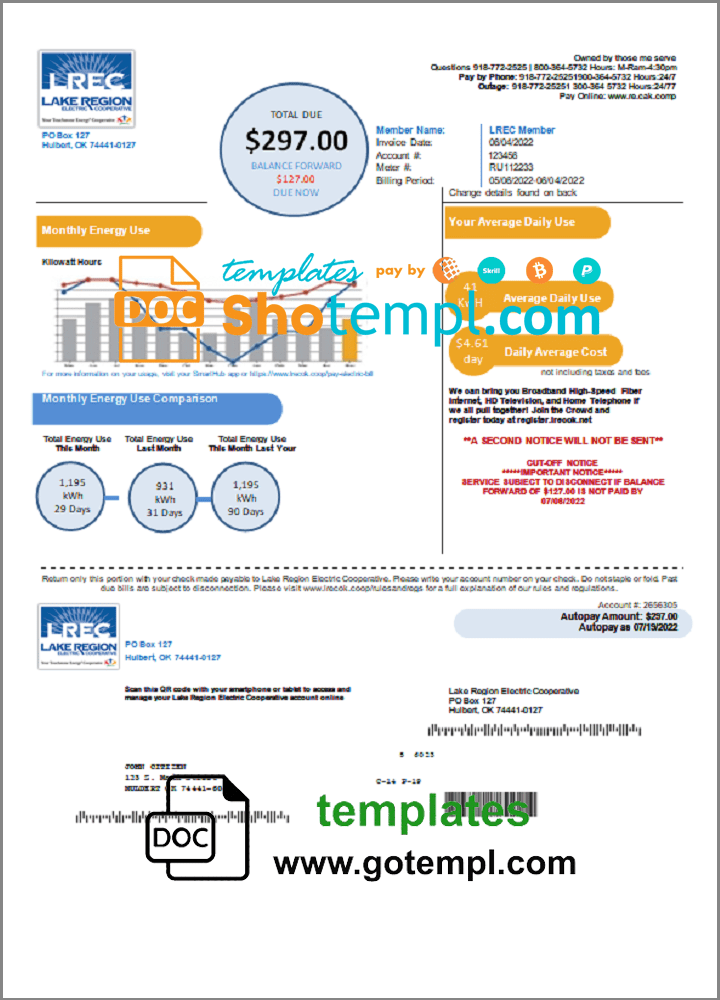 USA Oklahoma LREC Lake Region utility bill template in Word and PDF format USA Oklahoma LREC Lake Region utility bill template in Word and PDF format