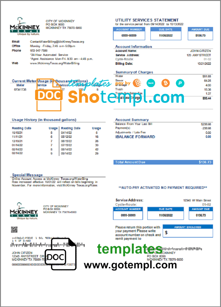 USA Texas McKinney utility bill template in Word and PDF format USA Texas McKinney utility bill template in Word and PDF format