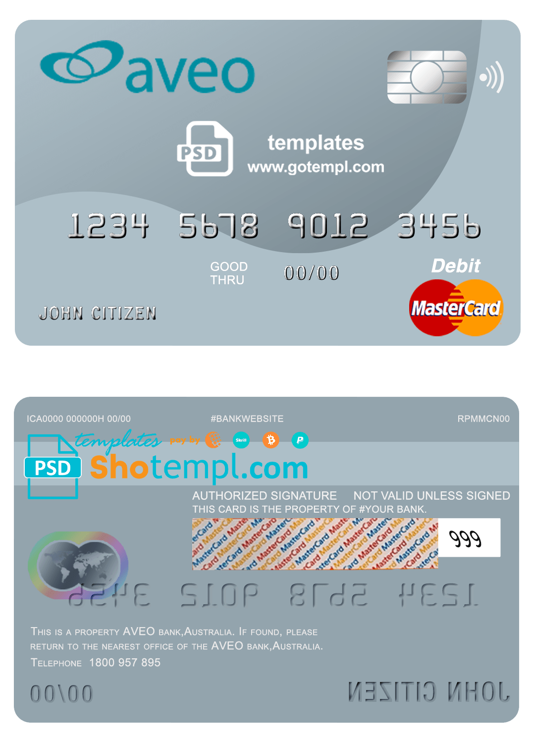 Australia Aveo bank mastercard debit card template in PSD format, fully editable