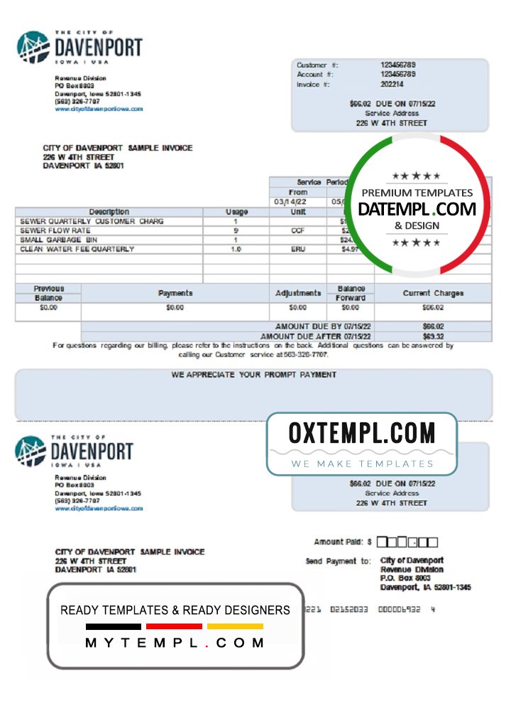 USA Iowa City of Davenport utility bill template in Word and PDF format USA Iowa City of Davenport utility bill template in Word and PDF format