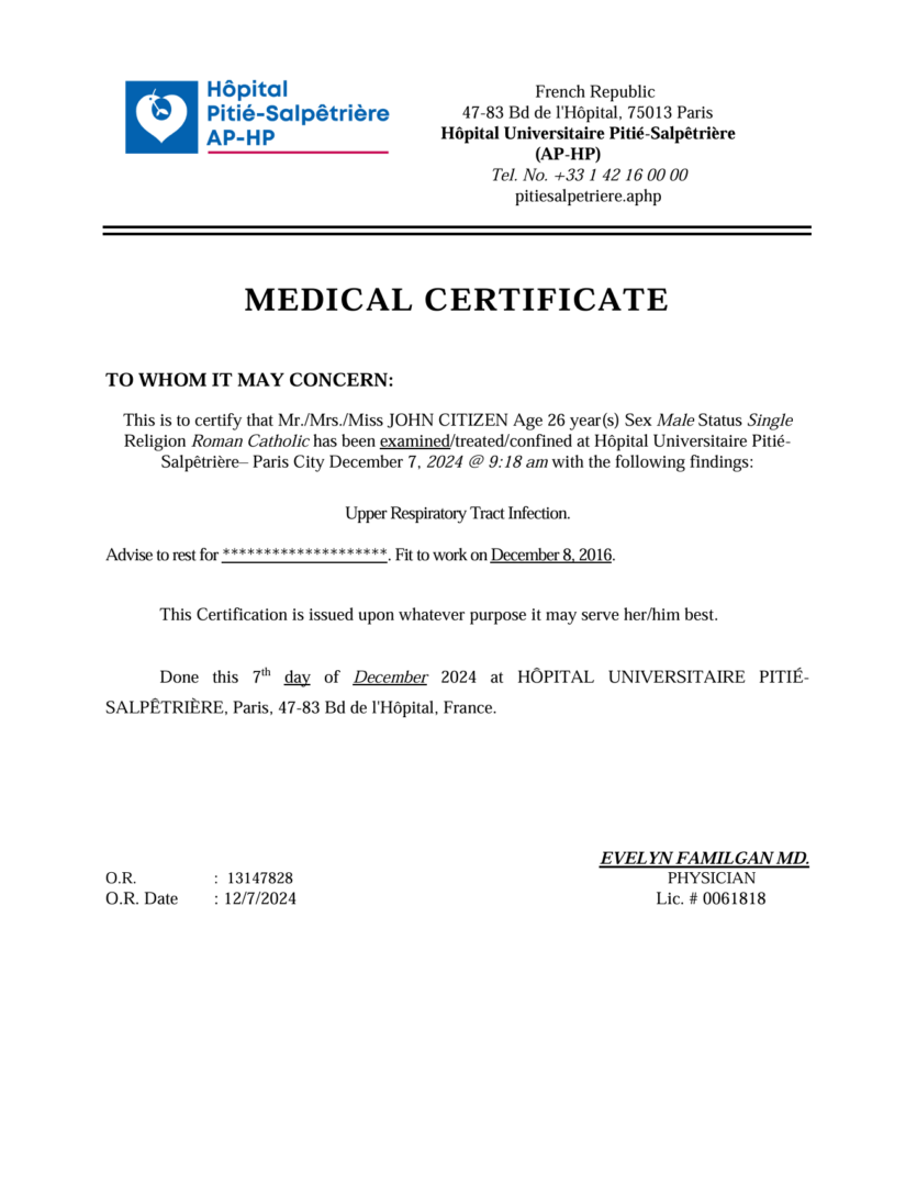 AP-HP Hôpital Universitaire Pitié-Salpêtrière medical certificate template in Word and PDF formats AP-HP Hôpital Universitaire Pitié-Salpêtrière medical certificate template in Word and PDF formats