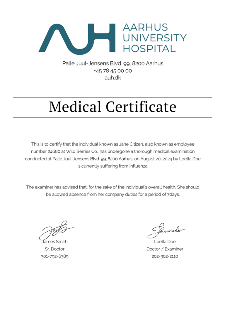 Aarhus Universitetshospital medical certificate template in Word and PDF formats Aarhus Universitetshospital medical certificate template in Word and PDF formats