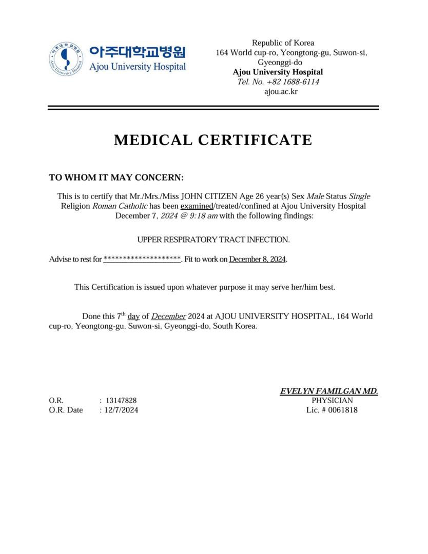 Ajou University Hospital medical certificate template in Word and PDF formats Ajou University Hospital medical certificate template in Word and PDF formats