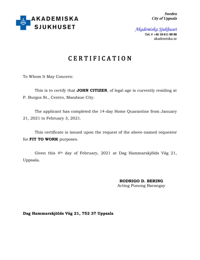 Akademiska Sjukhuset certification template in Word and PDF formats Akademiska Sjukhuset certification template in Word and PDF formats